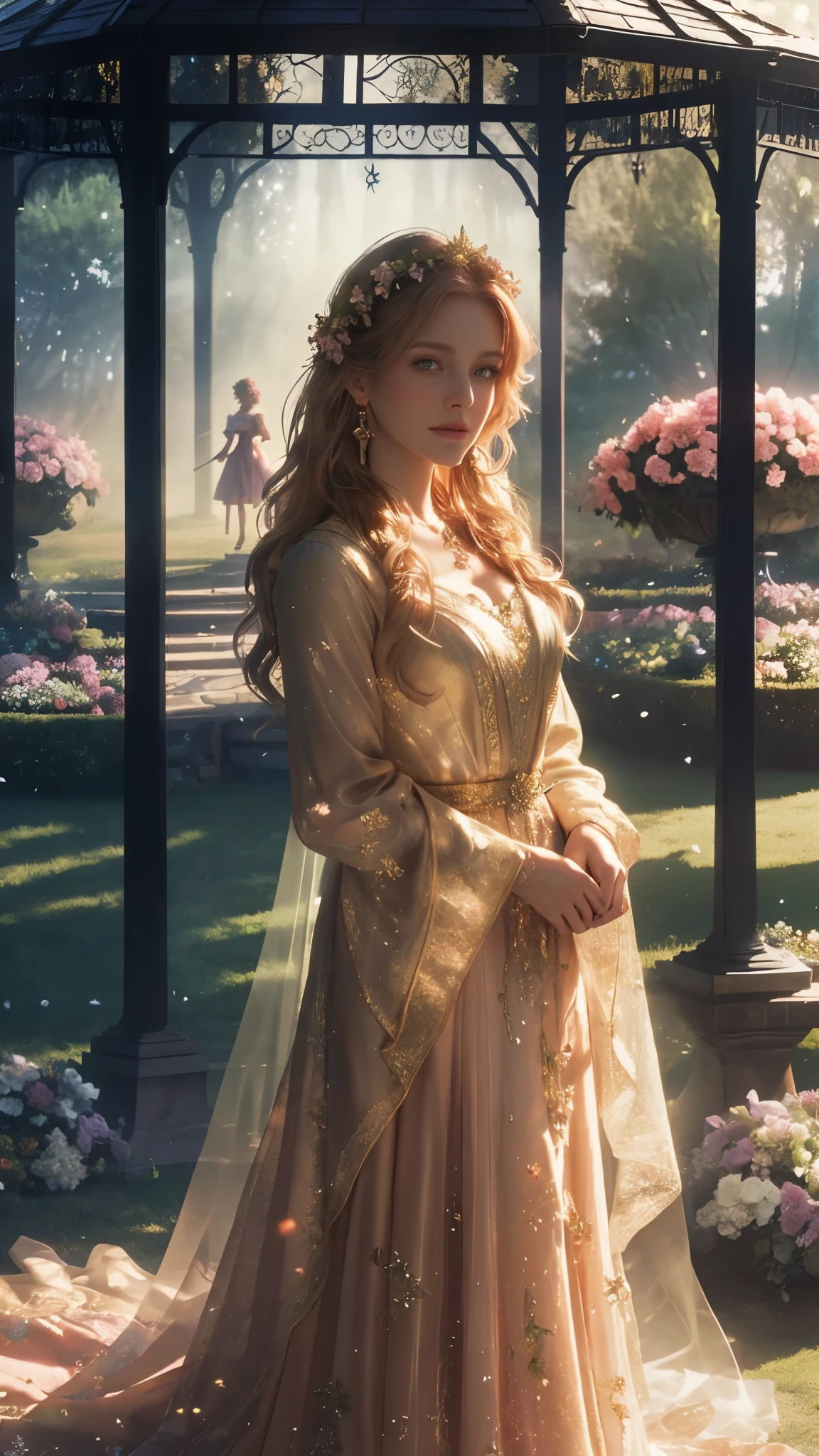 a close up of a gazebo with flowers and candles on a lawn, very magical and dreamy, dreamy and detailed, beautiful render of a fairytale, glamorous setting, unreal engine ; romantic theme, super detailed render, dreamy scene, fairy tale setting, 3d magical details, rendered in v-ray, stunning sunny lighting, fully detailed render, summer morning light,(((And a beautiful lady standing in front of it, looking at the viewer,close up)))