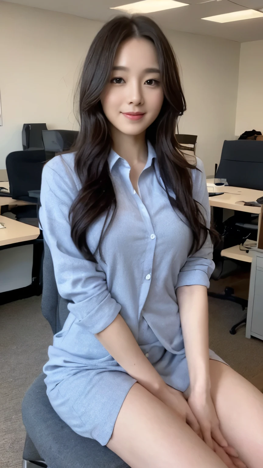((top-quality、8k、masterpiece:1.3))、Beautiful woman with perfect body:1.4、slim abdomen:1.2、Longhair, normal breast, Highly detailed facial and skin texture, A detailed eye, (smile), (full body shot), ((office background)), (sitting on chair), (((wearing office uniform)), looking in front
