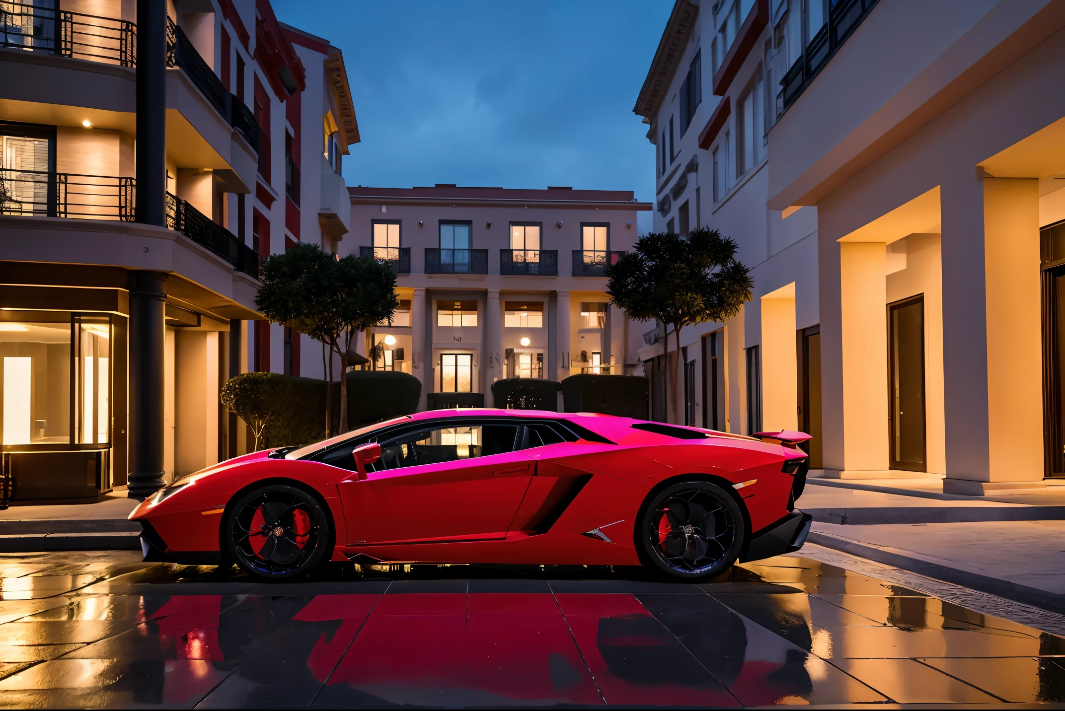 red lamborghini aventador　　precision and high quality　Very realistic three-dimensional feel　beautiful background　Street parking in front of the marble entrance of a super luxury resort condominium.　very beautiful lighting　beautiful street　stylish apartment　(shot from the side:1.3) very beautiful night light　After the rain　Wet ground　Shot from an ultra-low angle