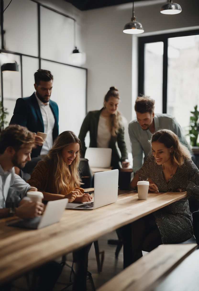 A high-resolution image showcasing a group of young business people working together at a large communal table in a bright and modern coworking space, with laptops, notebooks, and coffee cups scattered across the table, creating a vibrant and productive atmosphere