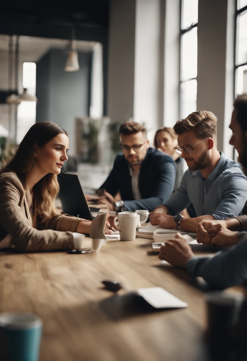 A high-resolution image showcasing a group of young business people working together at a large communal table in a bright and modern coworking space, with laptops, notebooks, and coffee cups scattered across the table, creating a vibrant and productive atmosphere