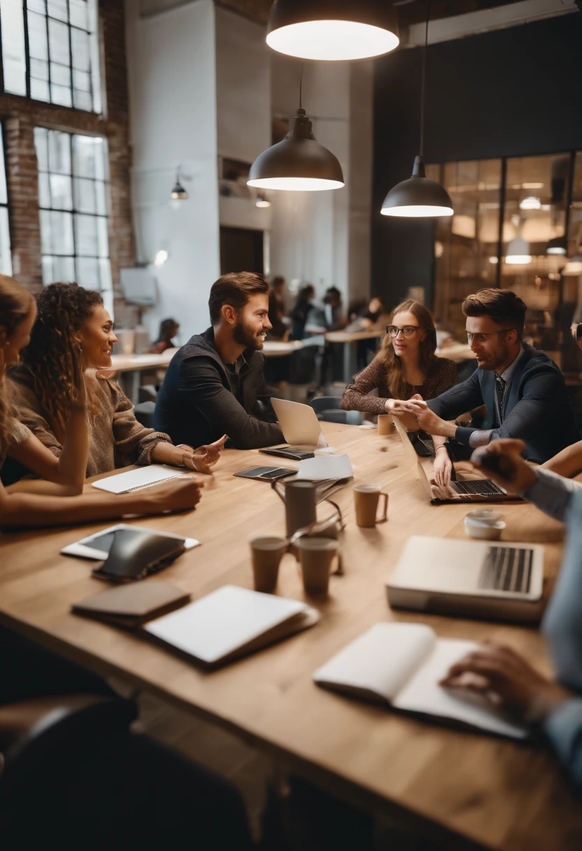A high-resolution image showcasing a group of young business people working together at a large communal table in a bright and modern coworking space, with laptops, notebooks, and coffee cups scattered across the table, creating a vibrant and productive atmosphere