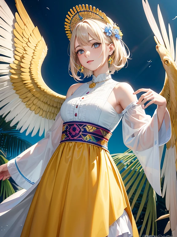 (Mejor calidad,4k,8k,alto,parte maestra:1.2),ultra detallado,(Realista,fotorrealista,fotorrealista:1.37),vivid colors,Clear lighting, Eagle of Paradise with golden wings, Golden bird, pajarito, AVE, plumas coloridas,Belleza impresionante,muchos colores,Detalles exquisitos,Natural habitat,Plumaje colorido,Bellamente vibrante,surprisingly vivid,Unique patterns,Artistic portrait,Feather Patterns That Blend Seamlessly,Translucent wings,dinamic poses,movimientos elegantes,Flotando graciosamente por el aire,Exuberante follaje verde,Flores coloridas en flor,scenic background,Ambiente armonioso,Ambiente sereno,An enchanting sight,Mesmerizing vision,stunning images,Belleza inspiradora,Obra maestra trascendente,Artistic interpretation of nature.