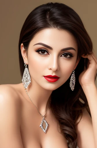 Lebanese woman, diamond dangling earrings, necklace, bracelets, small breasts, 40 years old, smokey eyes, nipples, red lips, innocent face, naked, stylish hairstyle, posing, modeling, radiant skin, oily skin