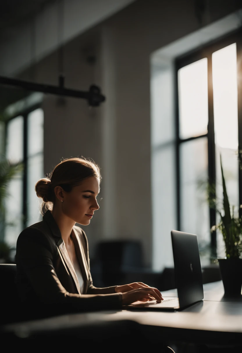 An aesthetic photography composition featuring a close-up shot of a young business person sitting at a sleek and minimalist desk in a coworking center, focused on their laptop screen, with natural light streaming in through large windows, highlighting their dedication and concentration