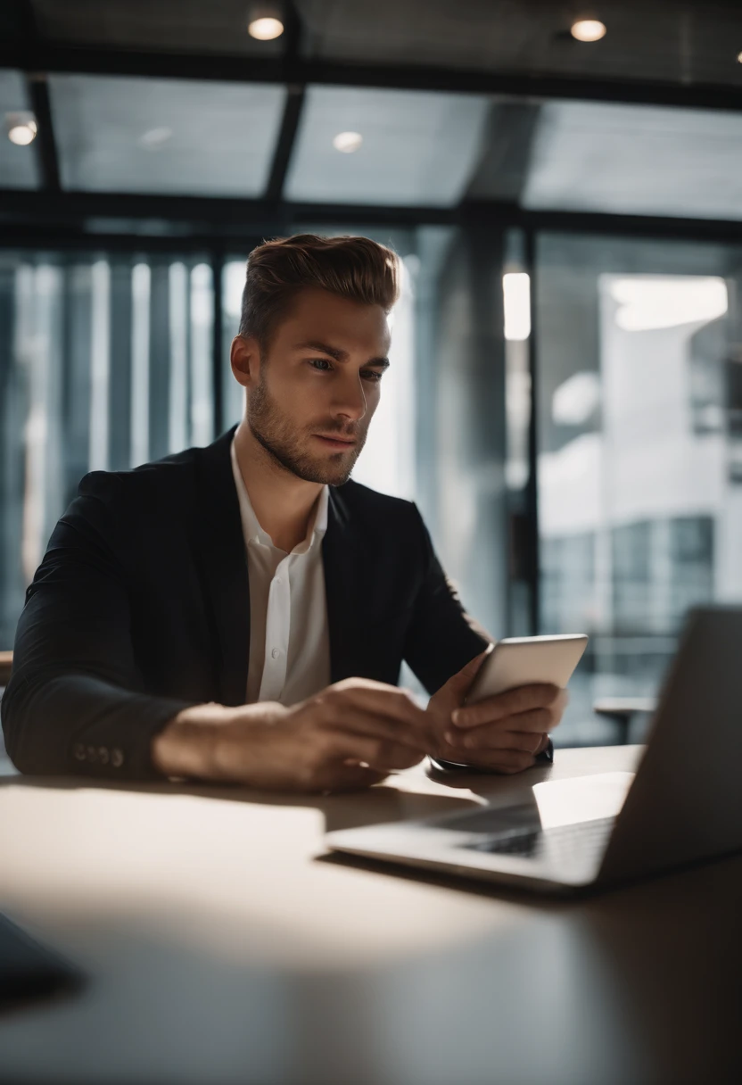 An aesthetic photography composition featuring a close-up shot of a young business person sitting at a sleek and minimalist desk in a coworking center, focused on their laptop screen, with natural light streaming in through large windows, highlighting their dedication and concentration