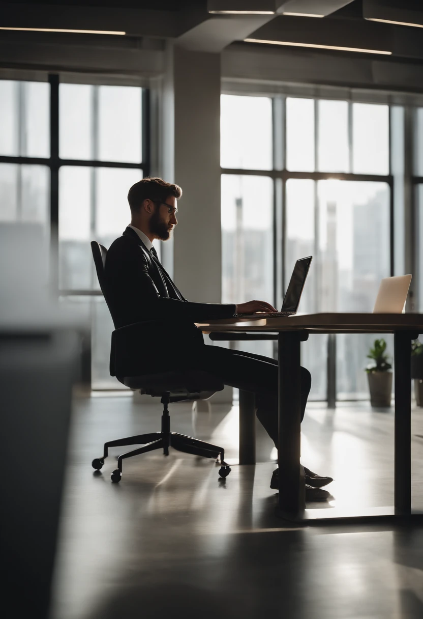 An aesthetic photography composition featuring a close-up shot of a young business person sitting at a sleek and minimalist desk in a coworking center, focused on their laptop screen, with natural light streaming in through large windows, highlighting their dedication and concentration