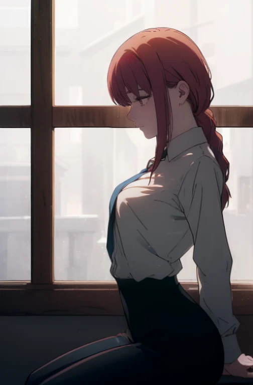 ((((Obra maestra, La mejor calidad, ultrahigh resolution)))), perfect anatomy, a woman with bred hair sitting on a window ledge naked and bent over, 1girl, solo, makima (chainsaw man), breasts, pantyhose, shirt, looking at viewer, red hair, sitting, open clothes, collared shirt, open shirt, smile, braided ponytail