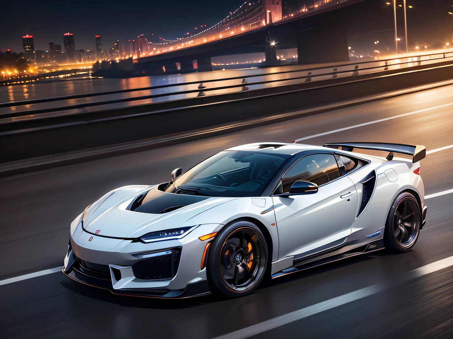 ultra high resolution、super high quality、8K、Detailed details、marvelous expression、Big city at night、 HONDANSX(Metallic White)Driving on the highway、Turn on the headlights、Ride beautifully through the highway at night、
