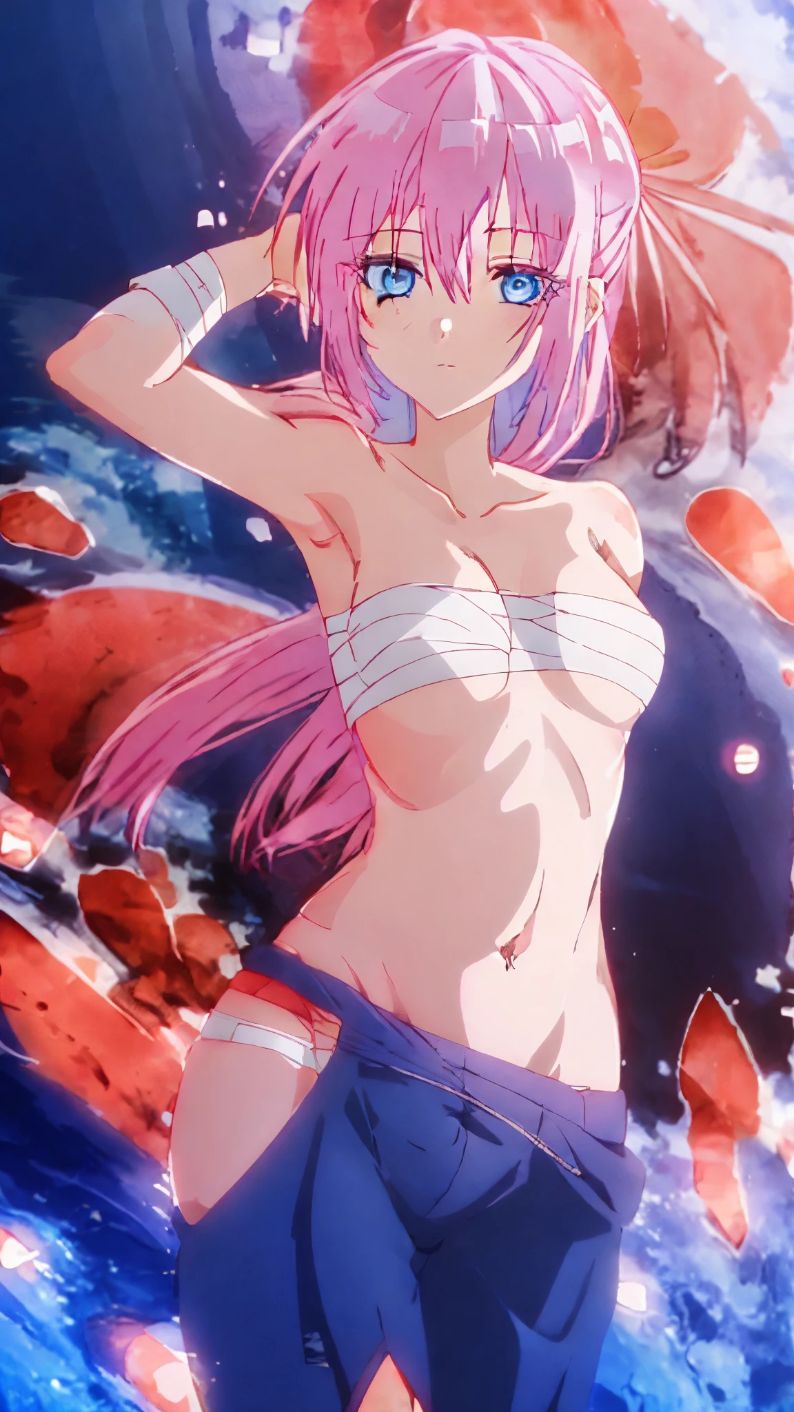 1girl, focusing female, belly, navel, stomach, pink hair, long hair, blue eyes, cool face, looking viewers, (bandage), detailed, medium breast, thigh, sharp eyes, wearing pink kimono
