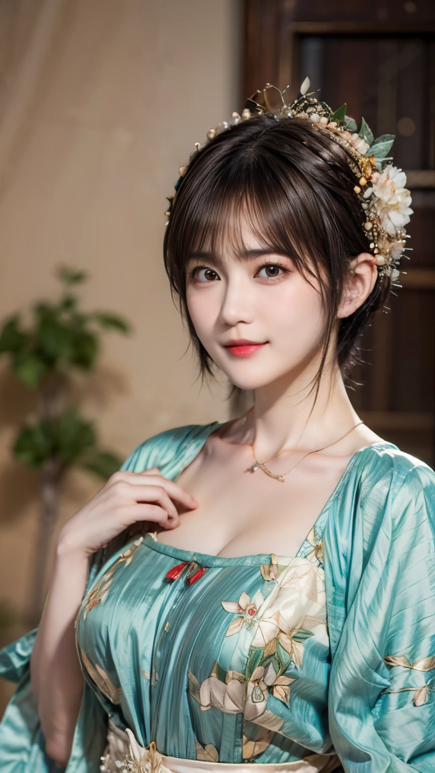 148
(20 year old woman,Floral costume), (surreal), (High resolution), ((beautiful hairstyle 46)), ((short hair:1.46)), (gentle smile), (breasted:1.1), (lipstick)