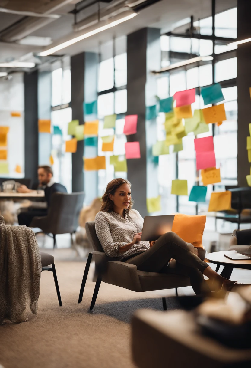 A detailed and realistic image showcasing a young business person in a comfortable and stylish seating area of a coworking center, brainstorming ideas with a group of colleagues, with a whiteboard and colorful sticky notes in the background, illustrating teamwork and collaboration