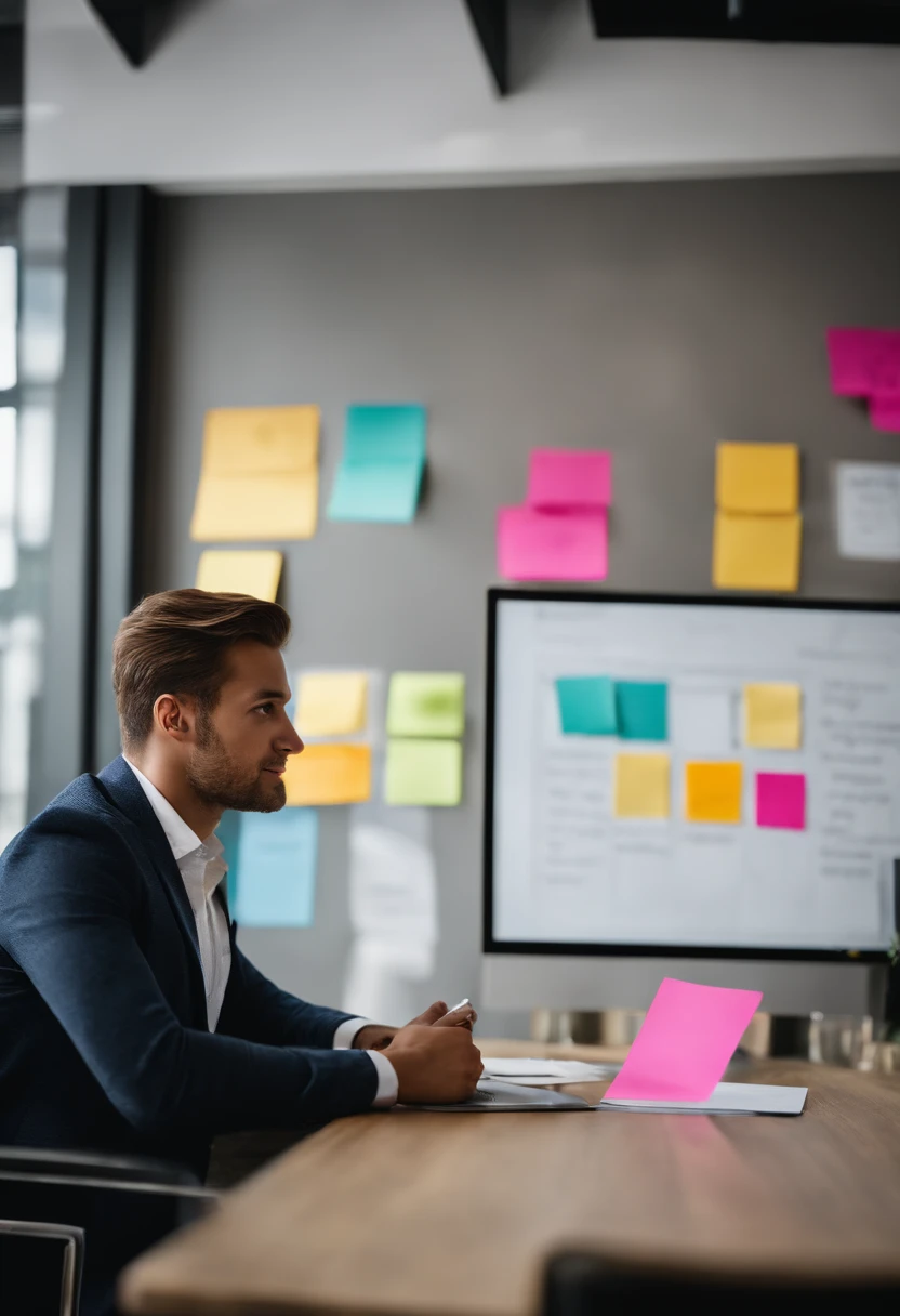 A detailed and realistic image showcasing a young business person in a comfortable and stylish seating area of a coworking center, brainstorming ideas with a group of colleagues, with a whiteboard and colorful sticky notes in the background, illustrating teamwork and collaboration
