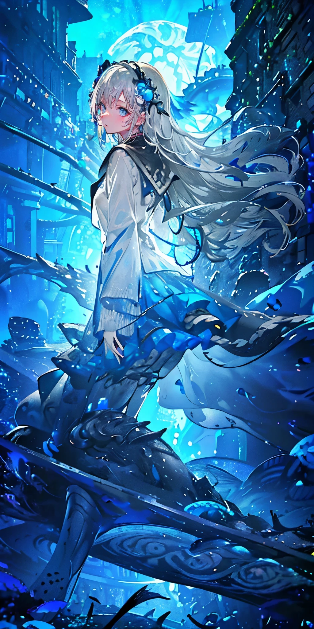 (muste piece), (best quality), very detailed, 1 girl, Solo Full Body Shot, perfect face, beautiful girl, very detailed face,(long gray hair:1.5),(blue eyes:1.4),(in water:1.4),(float:1.3),sink,school of fish,Light,jellyfish,seaweed,Red fish,Yellow fish,deep sea,fantasy