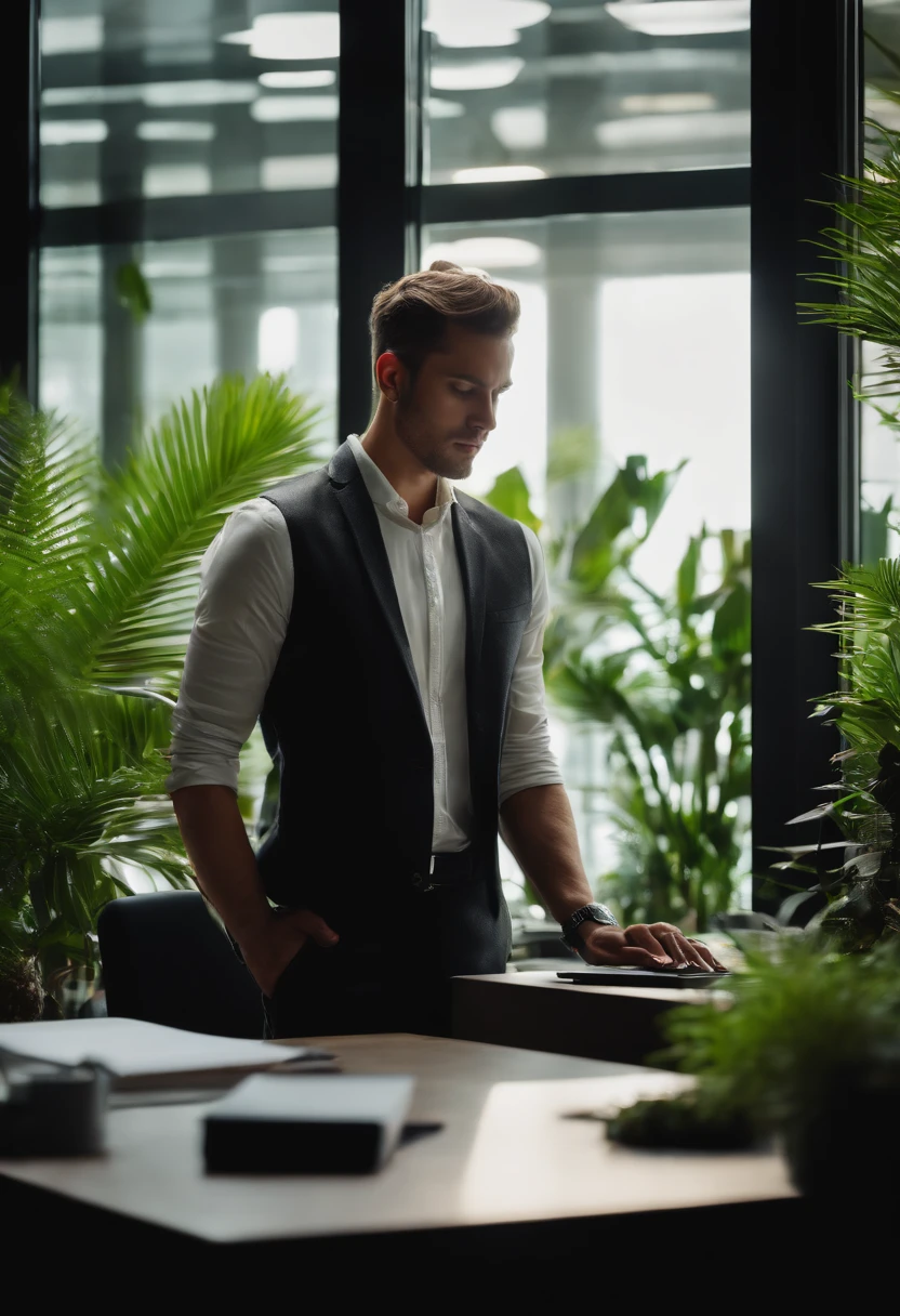 An artistic representation of a young business person engrossed in work at a standing desk in a modern coworking center, surrounded by plants and natural elements, creating a harmonious and refreshing workspace