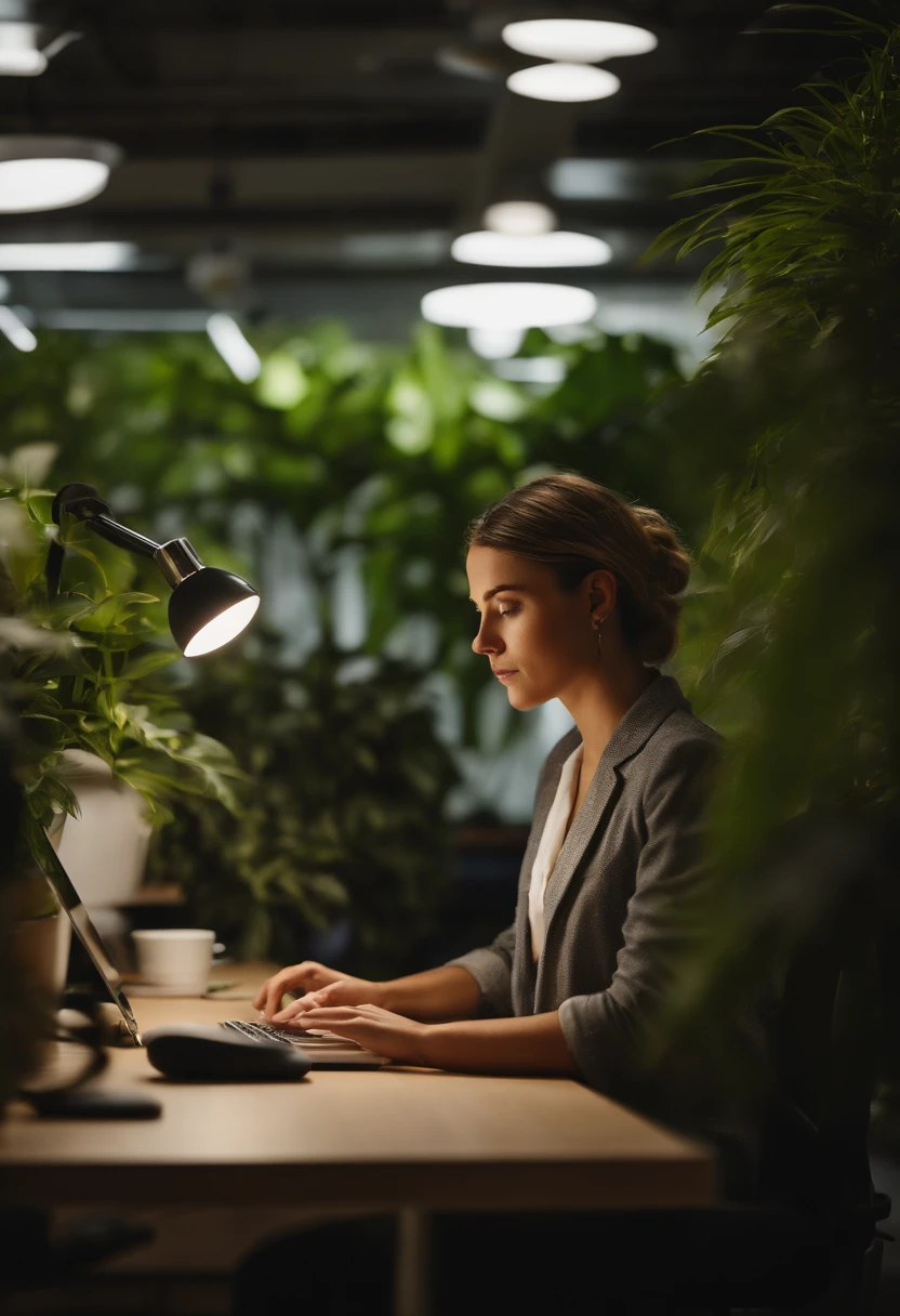 An artistic representation of a young business person engrossed in work at a standing desk in a modern coworking center, surrounded by plants and natural elements, creating a harmonious and refreshing workspace