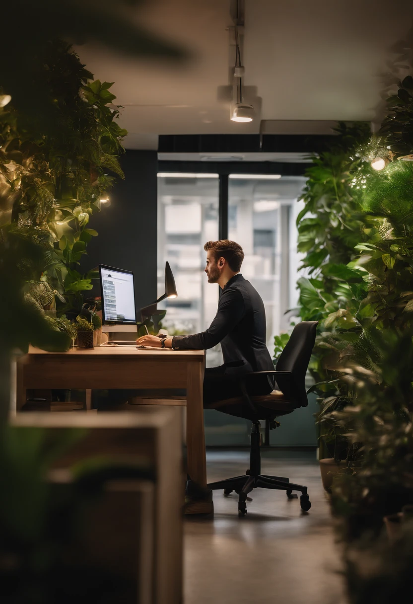 An artistic representation of a young business person engrossed in work at a standing desk in a modern coworking center, surrounded by plants and natural elements, creating a harmonious and refreshing workspace