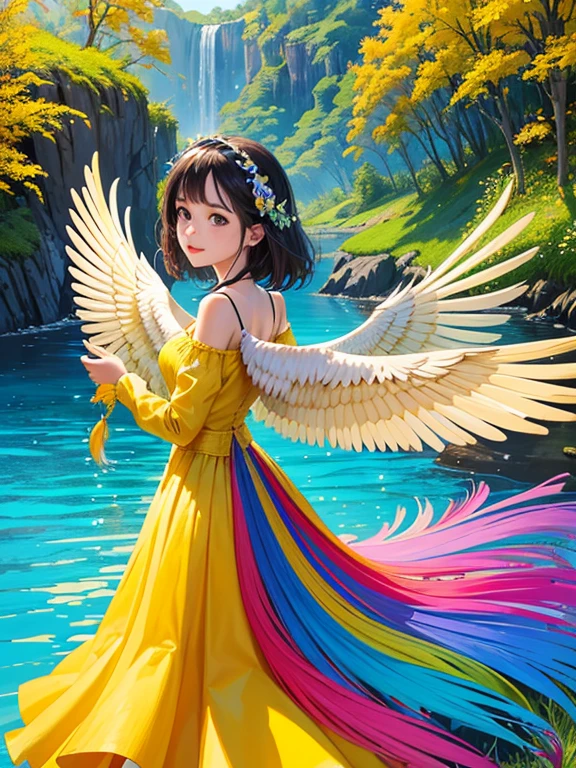 (Mejor calidad,4k,8k,alto,parte maestra:1.2),ultra detallado,(Realista,fotorrealista,fotorrealista:1.37),vivid colors,Clear lighting, Eagle of Paradise with golden wings, Golden bird, pajarito, AVE, plumas coloridas,Belleza impresionante,muchos colores,Detalles exquisitos,Natural habitat,Plumaje colorido,Bellamente vibrante,surprisingly vivid,Unique patterns,Artistic portrait,Feather Patterns That Blend Seamlessly,Translucent wings,dinamic poses,movimientos elegantes,Flotando graciosamente por el aire,Exuberante follaje verde,Flores coloridas en flor,scenic background,Ambiente armonioso,Ambiente sereno,An enchanting sight,Mesmerizing vision,stunning images,Belleza inspiradora,Obra maestra trascendente,Artistic interpretation of nature.