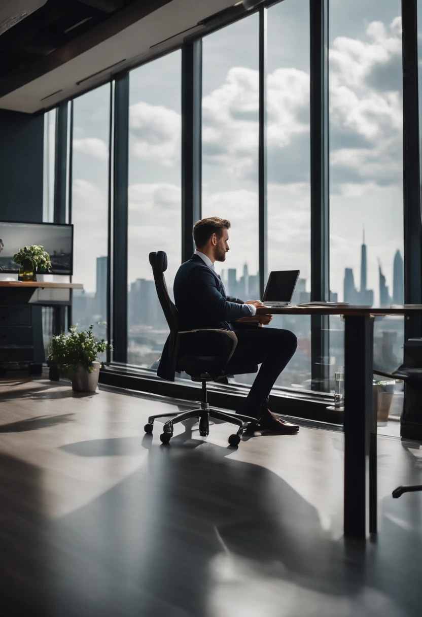A high-resolution image depicting a young business person in a private office space within a coworking center, sitting at a sleek desk with a panoramic view of the city skyline, exemplifying the flexibility and professionalism of a shared workspace