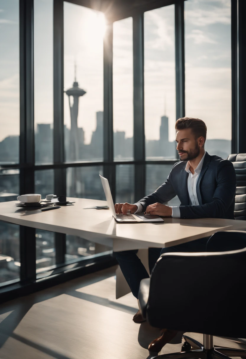 A high-resolution image depicting a young business person in a private office space within a coworking center, sitting at a sleek desk with a panoramic view of the city skyline, exemplifying the flexibility and professionalism of a shared workspace