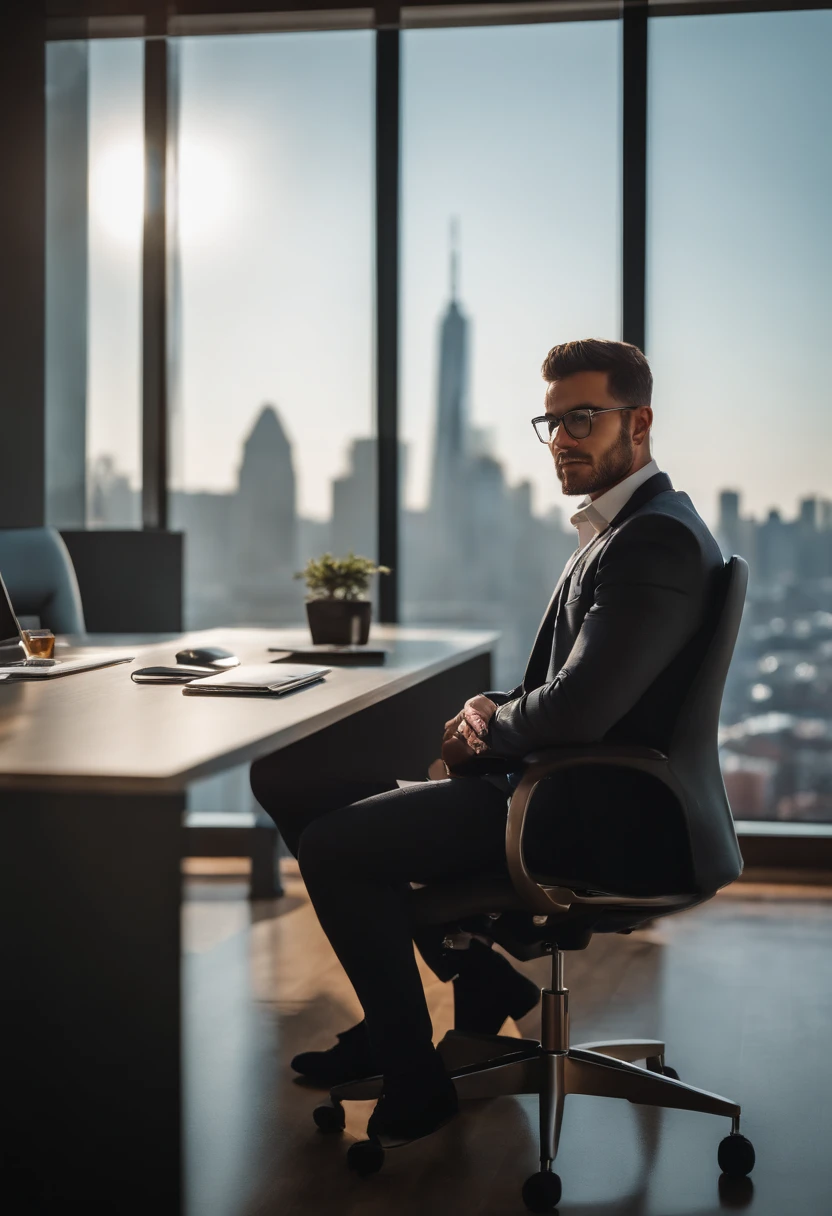 A high-resolution image depicting a young business person in a private office space within a coworking center, sitting at a sleek desk with a panoramic view of the city skyline, exemplifying the flexibility and professionalism of a shared workspace