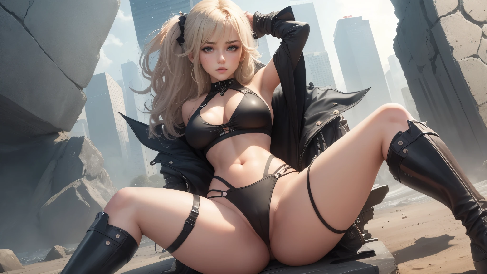 1girl as a bikini model, anime, cabelos brancos, black bikini, Botas pretas de coxa, Tonificado, Personagem estilo anime solo, Torso Tiro, foco na clivagem