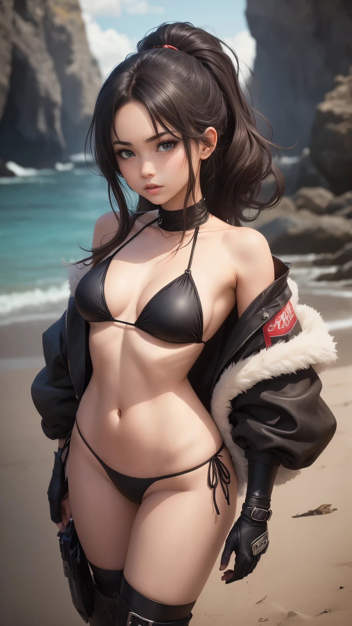 1girl as a bikini model, anime, cabelos brancos, black bikini, Botas pretas de coxa, Tonificado, Personagem estilo anime solo, Torso Tiro, foco na clivagem