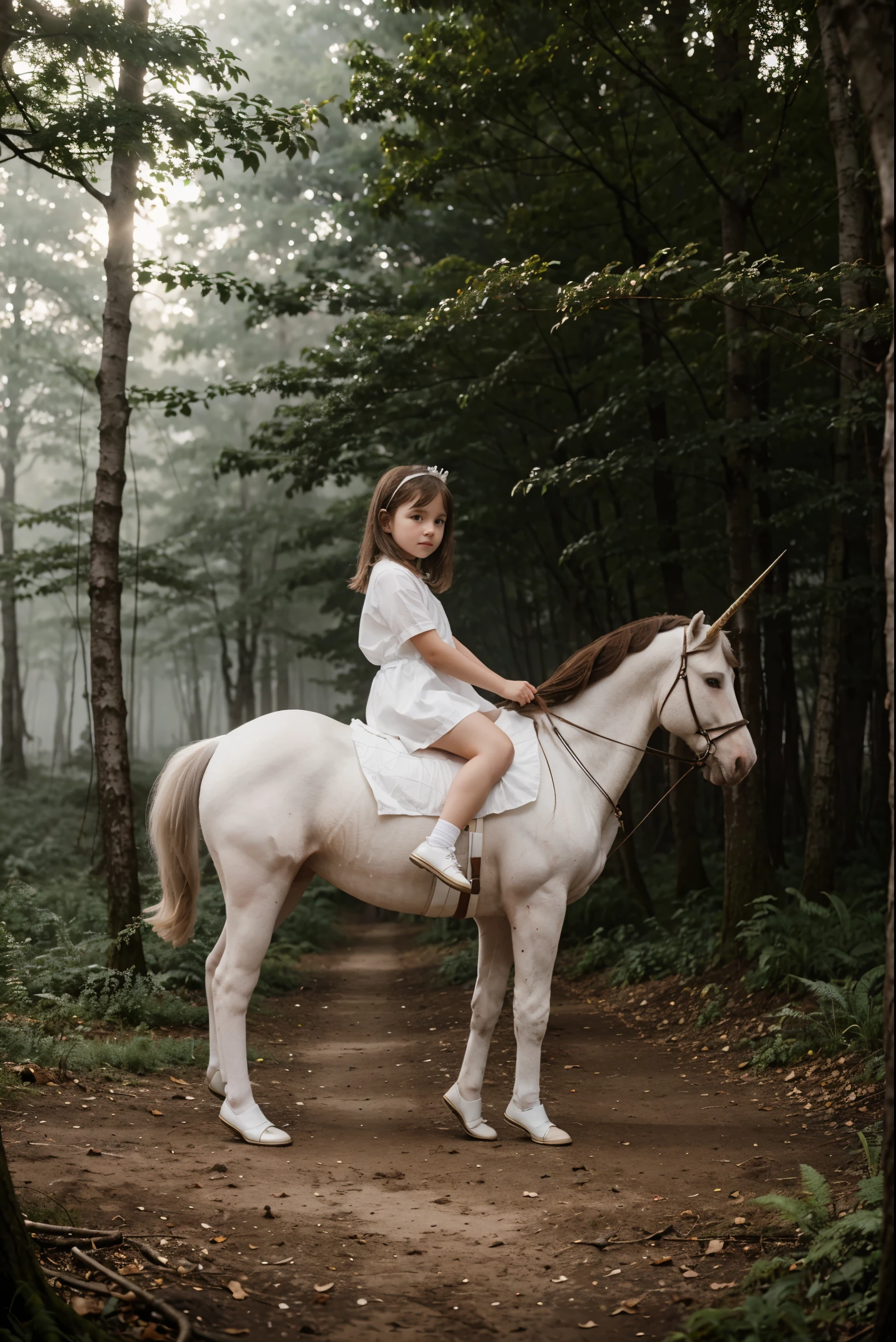A with brown hair in white shoes stands in a misty forest with a white unicorn