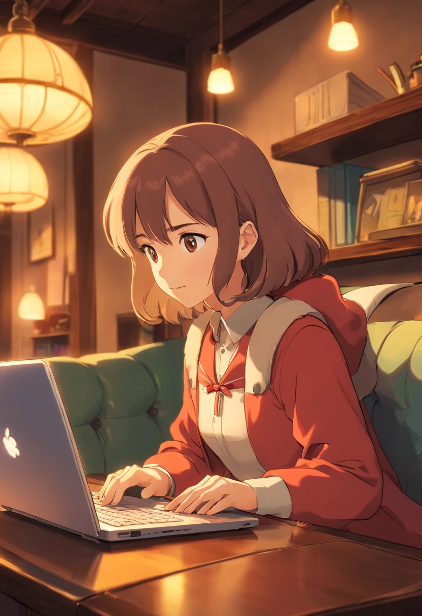 A close-up image of a young business person working on their laptop in a comfortable lounge area of a coworking center, surrounded by plush seating and soft lighting, evoking a sense of relaxation and productivity.