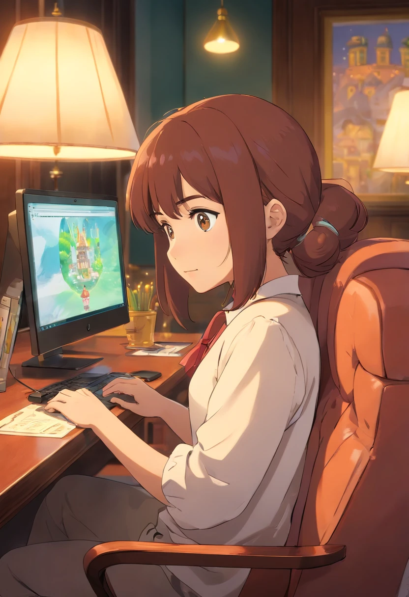 A close-up image of a young business person working on their laptop in a comfortable lounge area of a coworking center, surrounded by plush seating and soft lighting, evoking a sense of relaxation and productivity.