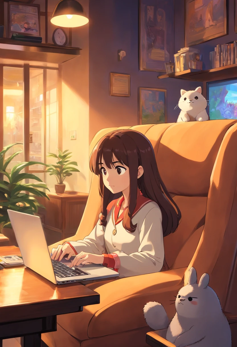 A close-up image of a young business person working on their laptop in a comfortable lounge area of a coworking center, surrounded by plush seating and soft lighting, evoking a sense of relaxation and productivity.
