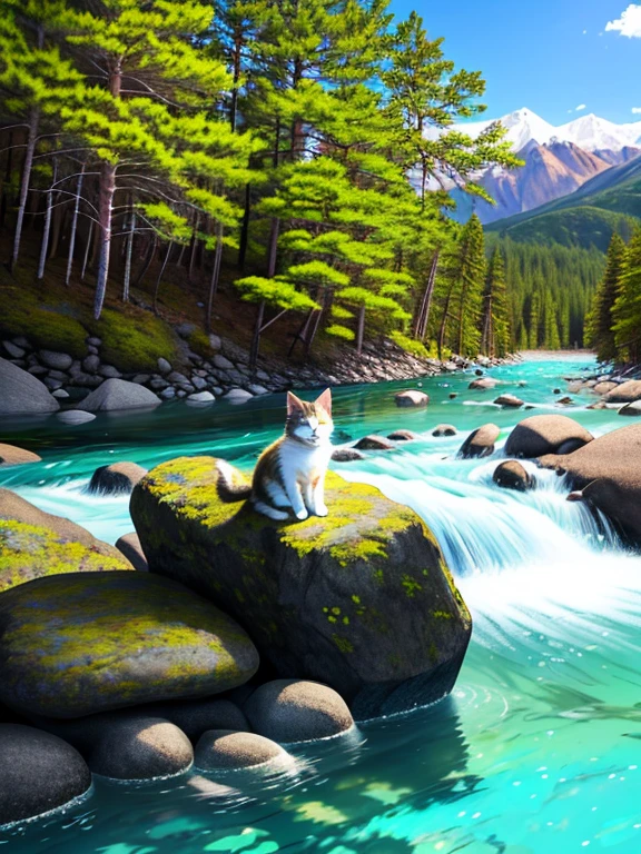 A cute fluffy kitten sunbathing on a pile of rocks,Etiquetas para mininos maullando.,Bosque Background,Lago glacial turquesa en la distancia,clear river,cielos azules claros,muy detallado,Horario estelar,luz suave natural,renderizado por octanaje,motor irreal,