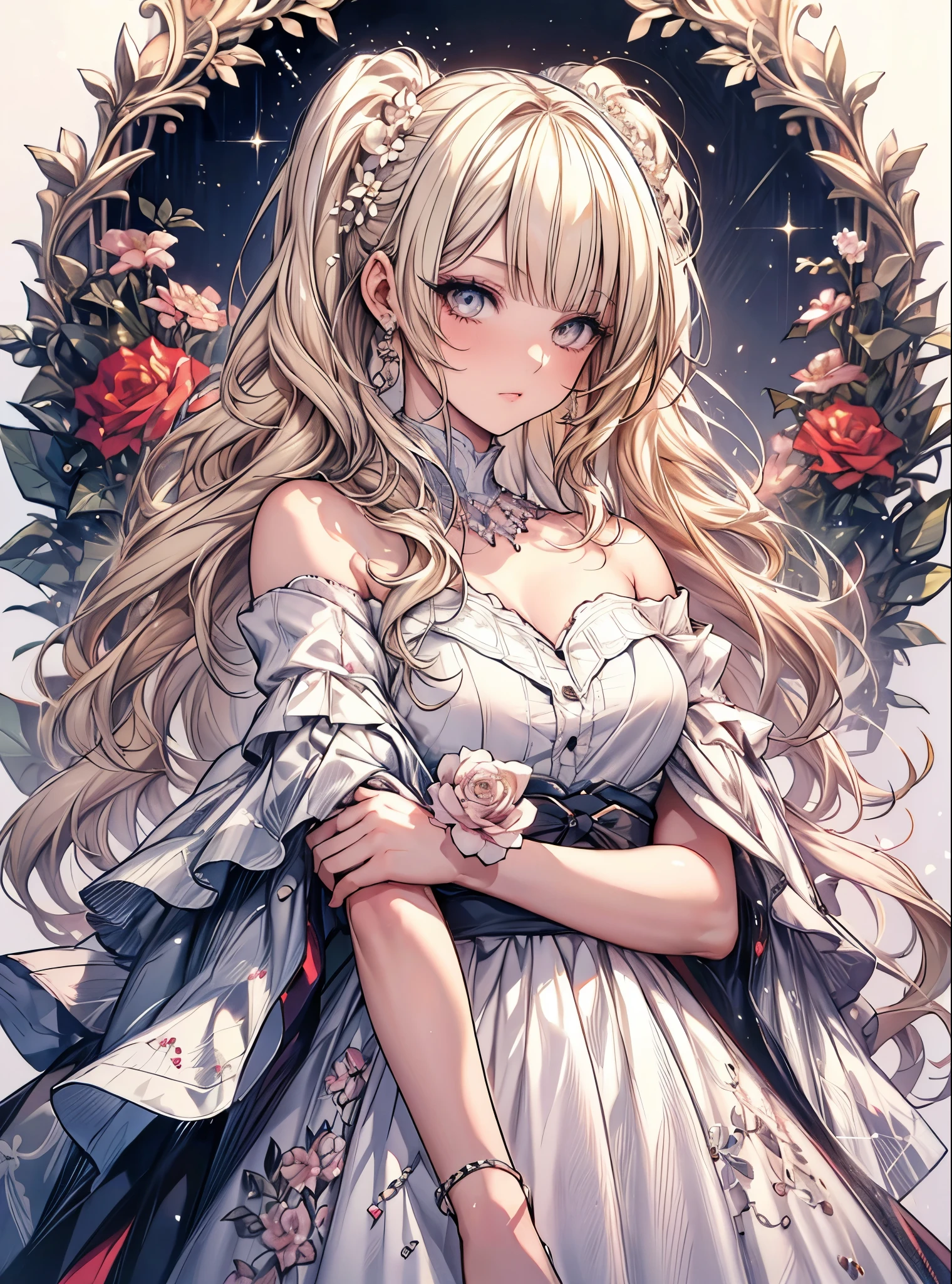 masterpiece, highest quality, High resolution, SA1, Floral off-the-shoulder dress, Sparkly eyes, false eyelashes, Platinum Blonde Twin Tails, Cute atmosphere,