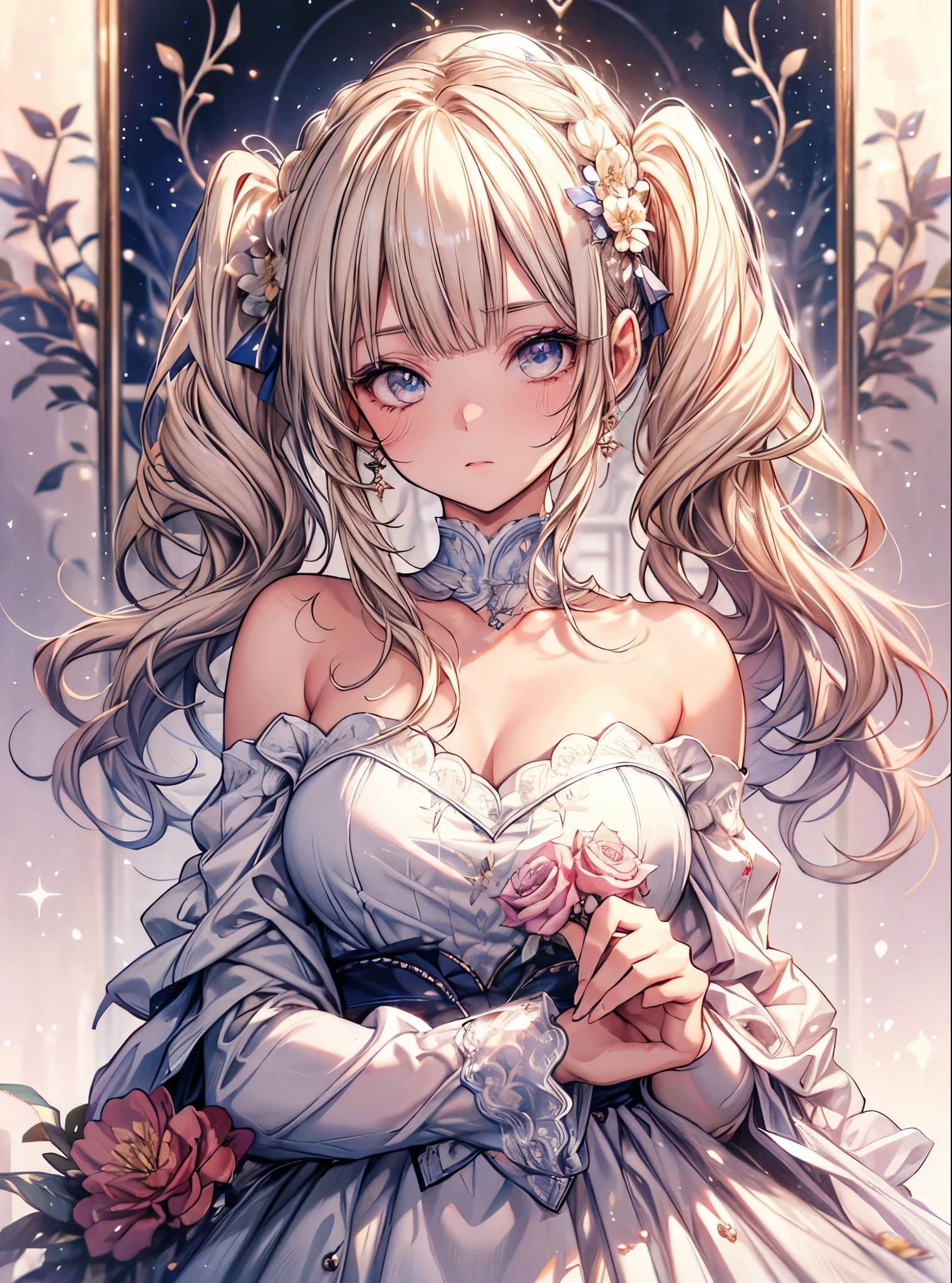 masterpiece, highest quality, High resolution, SA1, Floral off-the-shoulder dress, Sparkly eyes, false eyelashes, Platinum Blonde Twin Tails, Cute atmosphere,