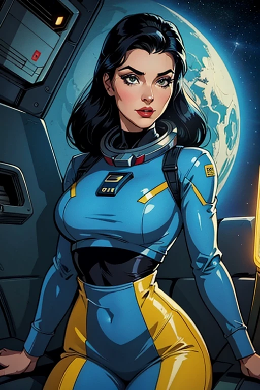 High quality,retro futurism space astronaut woman,black hair, beautiful face,long eyelashes,minimum waist, scenario spaceship