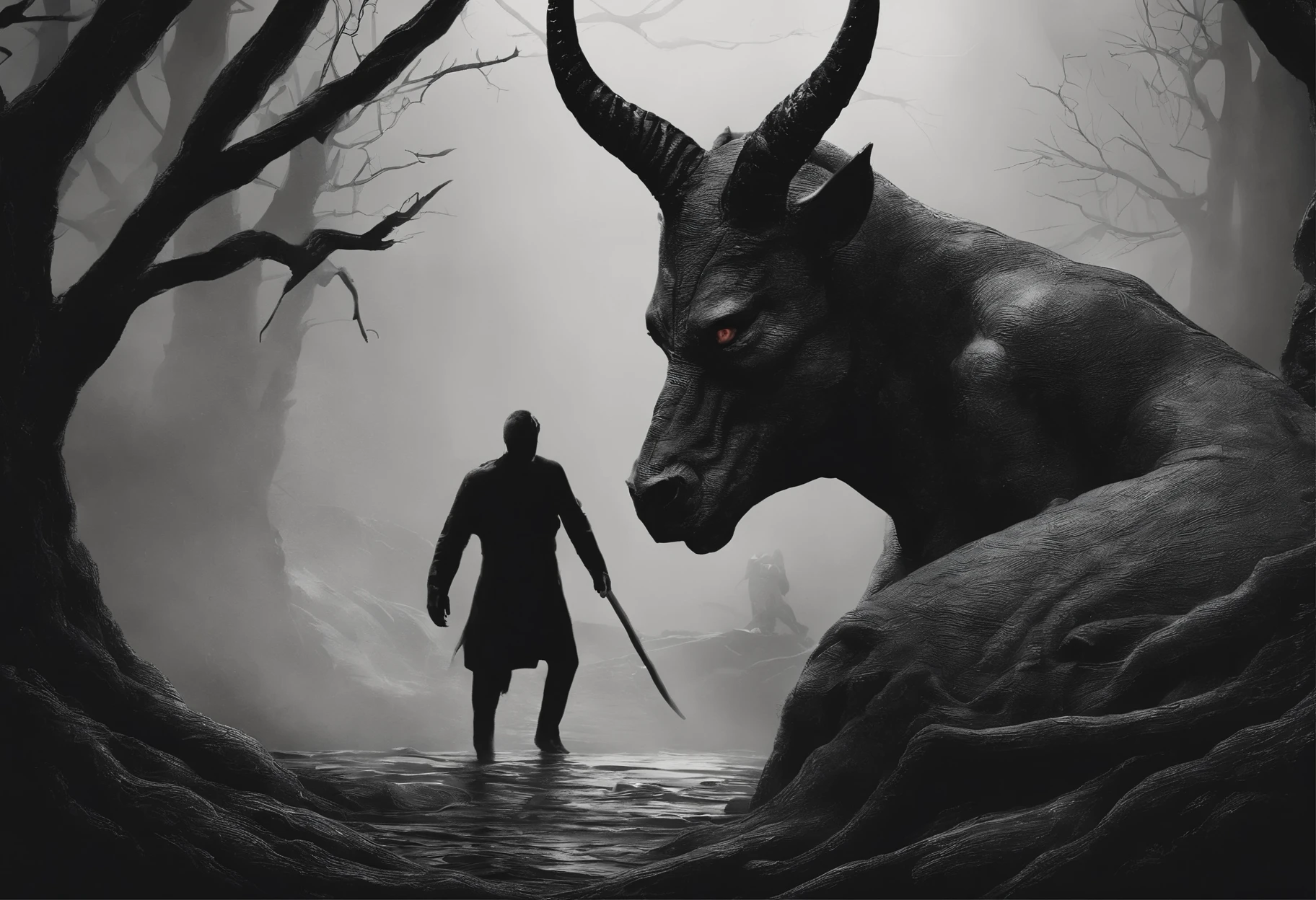 Describe the moment when the devil takes control of humans、Persuasive portrait-style artwork The composition should emphasize weakness., devil on the left、There's a human on the right, size is a little small. Use a dark and moody color palette, Incorporating deep red, deep purples, Use of charcoal in the background to convey a spooky atmosphere. The devil's appearance must be shadowy and intimidating, resembling humans but with evil characteristics, on the other hand、Subject must express fear, Decide, and overwhelmed. The devil's hand should firmly grasp the man's forearm., leaves a red mark, Symbolizes the charm of temptation and inner conflict. The background should include spooky and abstract elements, Distant faces and silhouettes representing tormented souls.. Utilize dramatic lighting、Pay attention to intricate details like chains and barbed wire. This artwork is、It must tell a story of inner conflict and the resilience of the human spirit against malevolent forces..