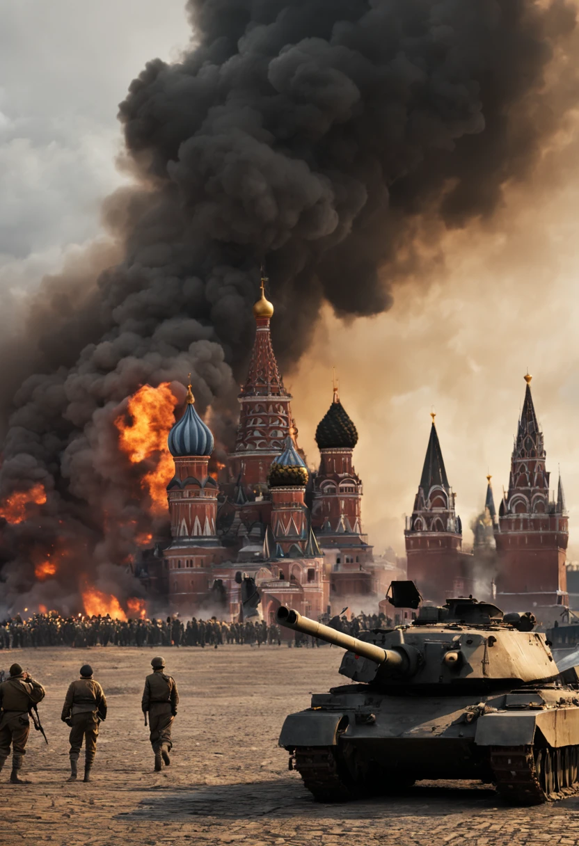 War scene, fully ruined Kremlin, red square, Moscow, war movie scene, ruins of Moscow, ruins burning at night, ruined city, war, smoke, night, everything is ruined and burning, war movie scene, 24K movie quality,cinematic compositions,fine textures,the sunset,red square Moscow, tanks, military, soldiers, shooting, fire, explosions