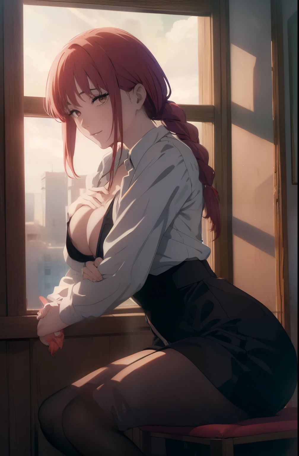 ((((Obra maestra, La mejor calidad, ultrahigh resolution)))), perfect anatomy, a woman with bred hair sitting on a window ledge naked and bent over, 1girl, solo, makima (chainsaw man), breasts, pantyhose, shirt, looking at viewer, red hair, sitting, open clothes, collared shirt, open shirt, smile, braided ponytail