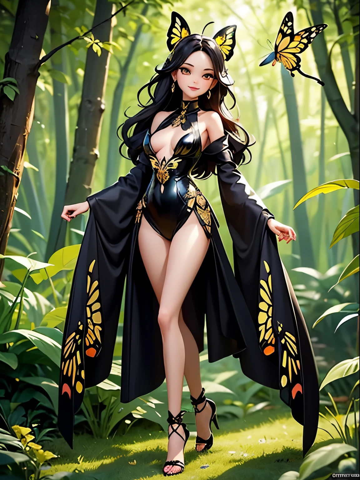 Super high resolution、Super high quality、8K、Detailed details、marvelous expression、1 female、Wearing a black and gold full-body bodysuit with a swallowtail butterfly motif、Glowing Accessories、Show a beautiful smile、Slender and tall woman、small chest、Slender appearance、sculpture model pose、Tranquil forest background、