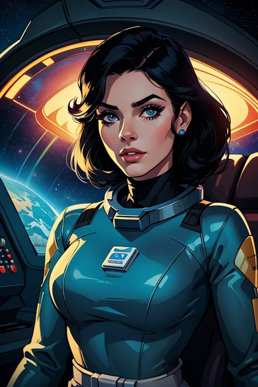 High quality,retro futurism space astronaut woman,black hair,beautiful face,long eyelashes,minimum waist,scenario spaceship,dramatic lights