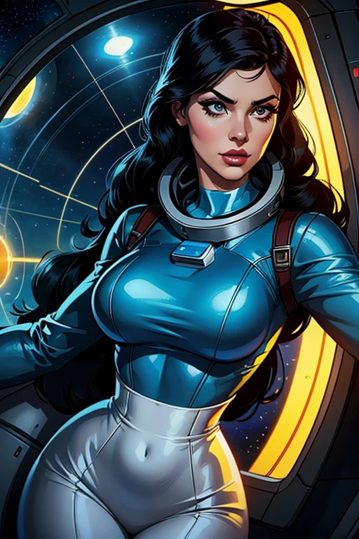 High quality,retro futurism space astronaut woman,black hair, beautiful face,long eyelashes,minimum waist, scenario spaceship