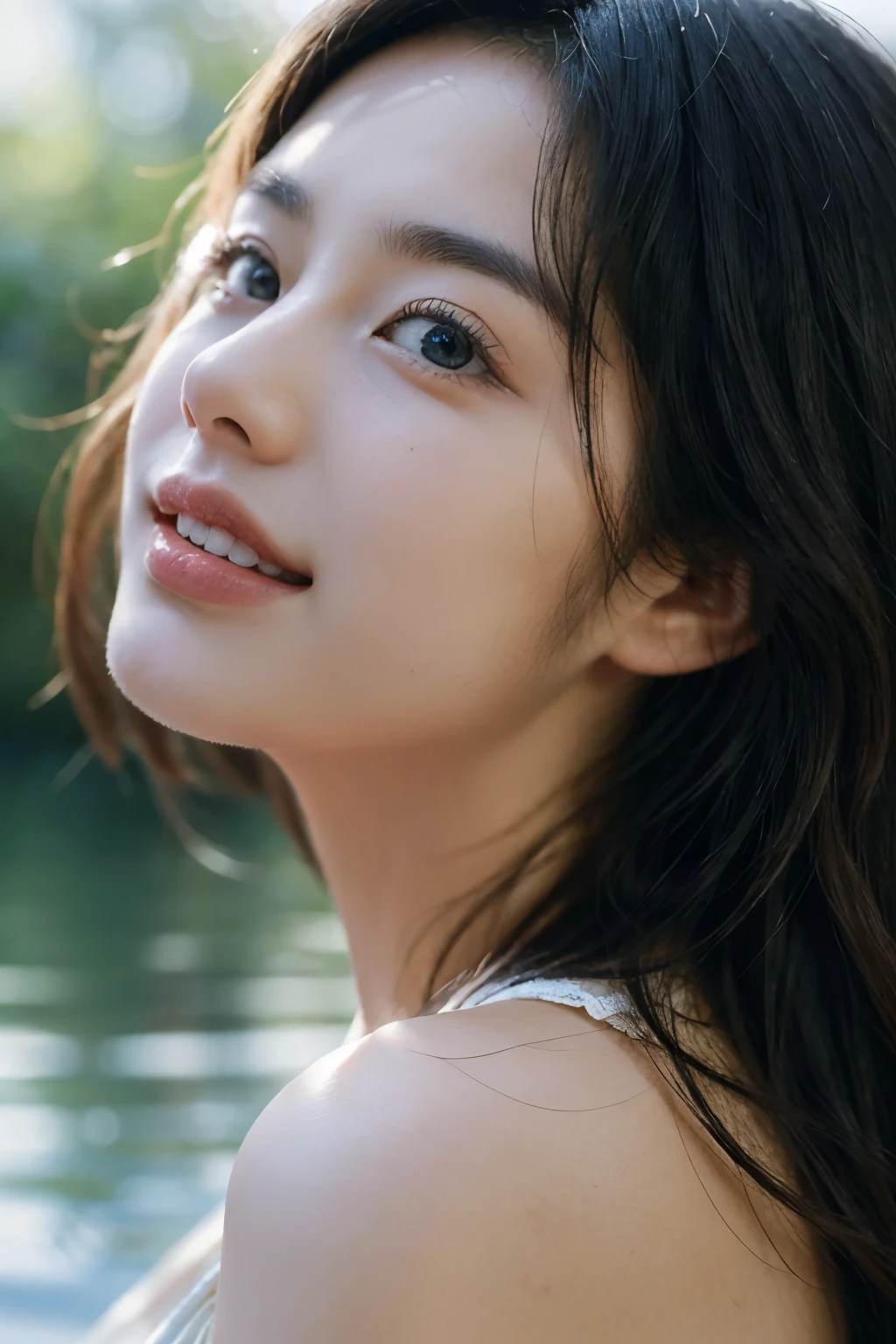 (best quality,4k,high-resolution,masterpiece:1.4),ultra-detailed,highly detailed,sharp focus,super realistic:1.4,professional,high-definition imagery,studio lighting,vibrant colors,bokeh,beautiful detailed eyes,beautiful detailed lips,long eyelashes,romantic ambiance,soft lighting,contrasting light and shadow,lighting effects,rainy scene,high nose bridge,youthful,lively,chubby cheeks,lovely,graceful curves,plump,smile without teeth,sit beside the lake, 空旷的环境,远景,no NSFW