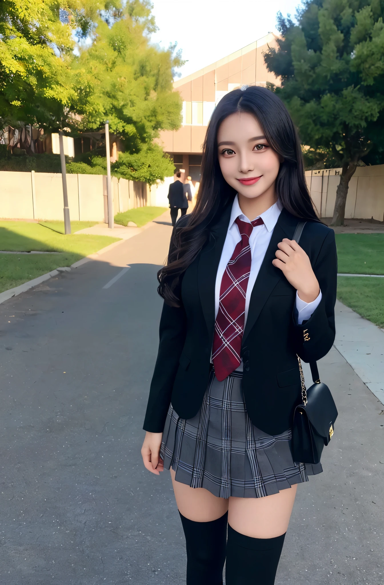 (masterpiece:1.5)、(highest quality:1.5)、(8K:1.3)、(RAW photo:1.3)、(photorealistic:1.3)、(Super detailed:1.3)、(ultra high resolution:1.3)、(very detailed and beautiful face:1.2)、(very detailed and bright skin:1.2)、(Very detailed and beautiful double eyes:1.2)、(Shining eyes:1.2)、beautiful clear sky、Glowing sunlight、school playground、(the most beautiful woman:1.2)、20-year-old、(Beautiful black medium straight hair)、(beautiful eyeliner)、(eye shadow)、natural color lip、(Makeup)、(school shirt:1.2)、Breast size is medium、(red tie:1.2)、The best smile with an open mouth、(standing and doing a cute pose:1.2)、(black blazer:1.2)、(Black School Bag:1.2)、(black knee high socks:1.2)、(dark gray plaid skirt)、(surrounded by male students:1.2)