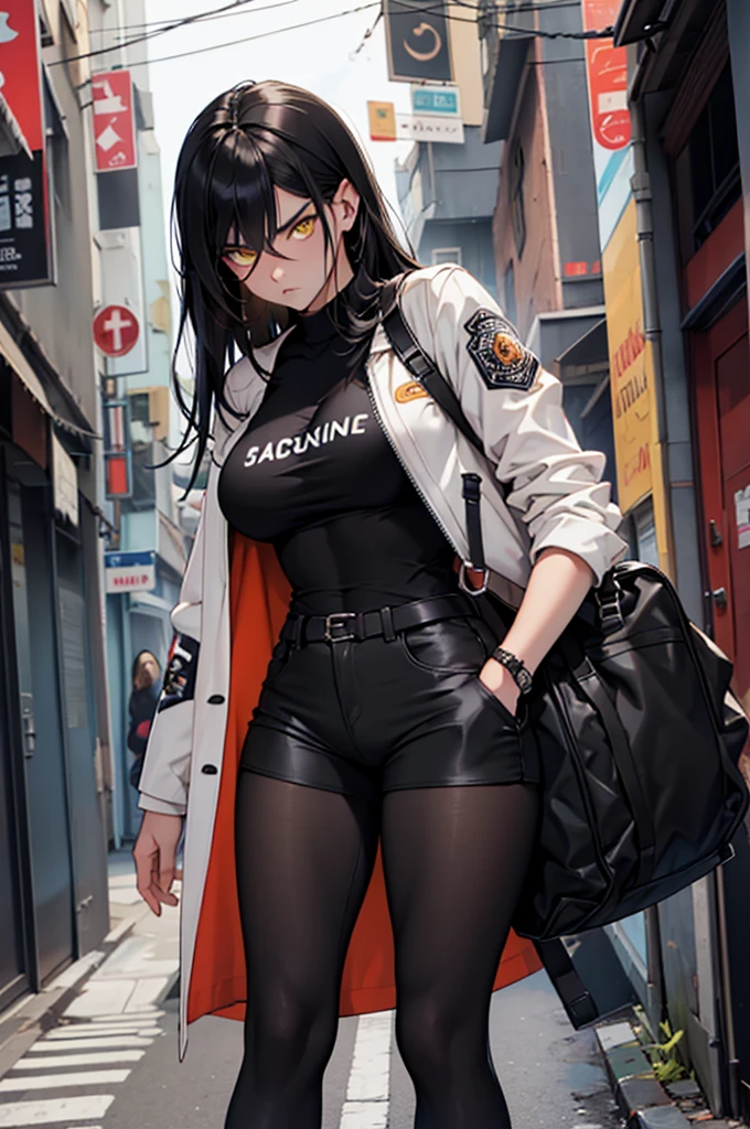 masterpiece, best quality, sharp focus, absurdres, 1girl, overcoat, white coat, modern clothes, black bodysuit, belt, white shorts, cloth accesories, ((black hair)), (red hair), (gradient hair:1.2), ponytail, wavy hair, ((sunglasses, aviator sunglasses)), cigarette on mouth, smoke, small breasts, ember color eyes, full body shot, cold, serious, hands on pockets, (building ceiling background, outdoors, cityscape, scenery), sunrays, professional art, volumetric light, light rays, bokeh