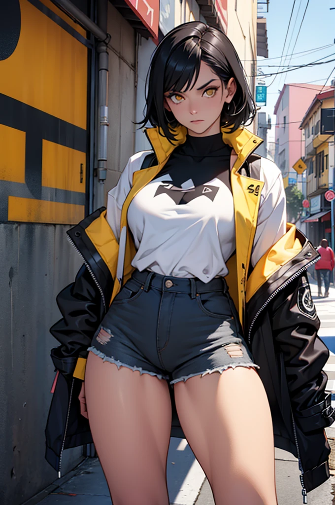 perfect anatomy girl muscular girl toned body girl large breasts girl thick girl angry girl best quality girl black hair girl yellow eyes girl pale girl pale girl,linda mulher morena, musculosa , usando short legging withe, meia calça preta, cabelo curto, belos olhos, olhos lindos, amarelos, camisa branca, jaqueta de couro preta, shorts, short legging white, cidade beco escuro pantyhose black