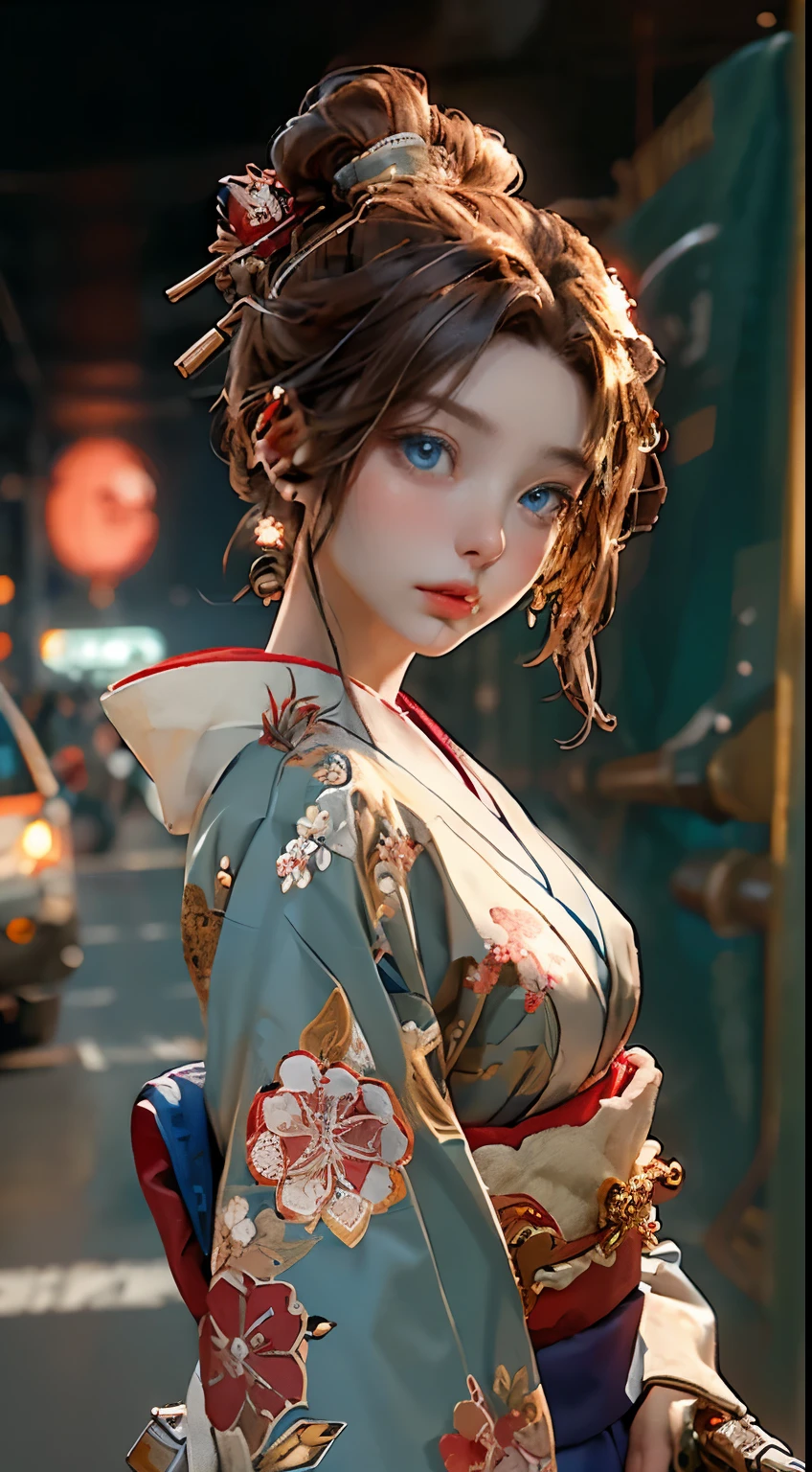 Head-to-toe photo of a full-length female robot with a mechanical body..., mechanical hand, mechanical foot, Blue Eyes, long, light brown hair flows., Wearing a red kimono, Decorate the body with various metal flowers, Turn Around, look at camera, Drift into the cyber world of the future.., Humanity cyberpunk style, Realistic, Elegant, wide shot, high-detail,Exquisite, red gold tone