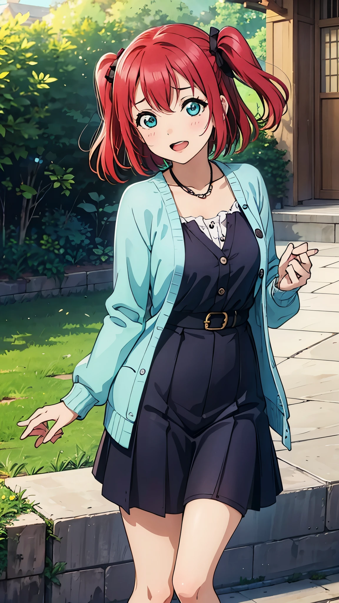 Ruby kurosawa, aqua eyes, medium hair, red hair, two side up, twintails, 