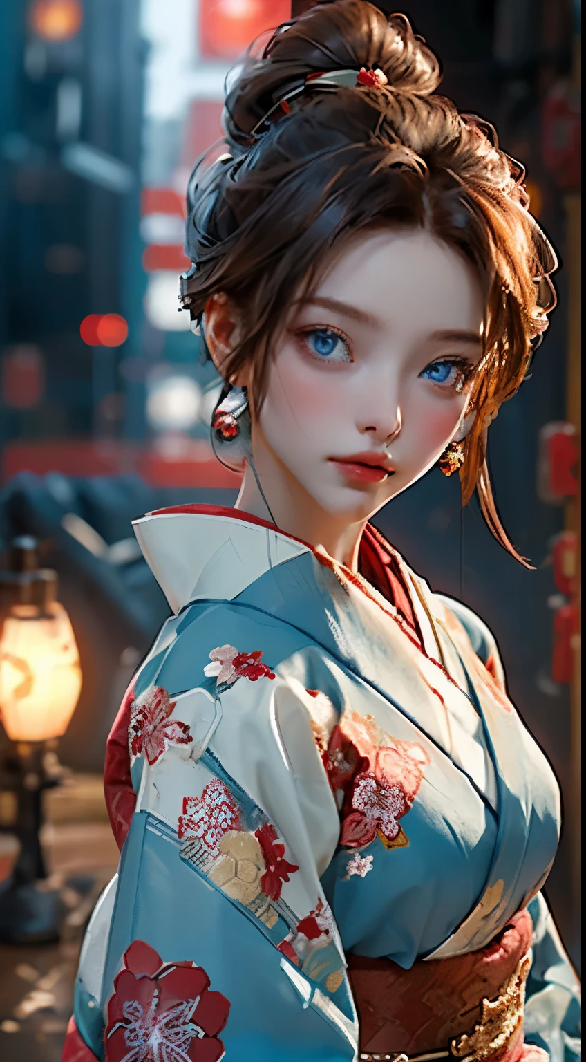 a female robot with a mechanical body, mechanical hand, Blue Eyes, long, light brown hair flows., Wearing a red kimono, Decorate the body with various metal flowers, look at camera, in the cyber world of the future back ground, Humanity cyberpunk style, Realistic, Elegant, high-detail, Exquisite, red gold tone