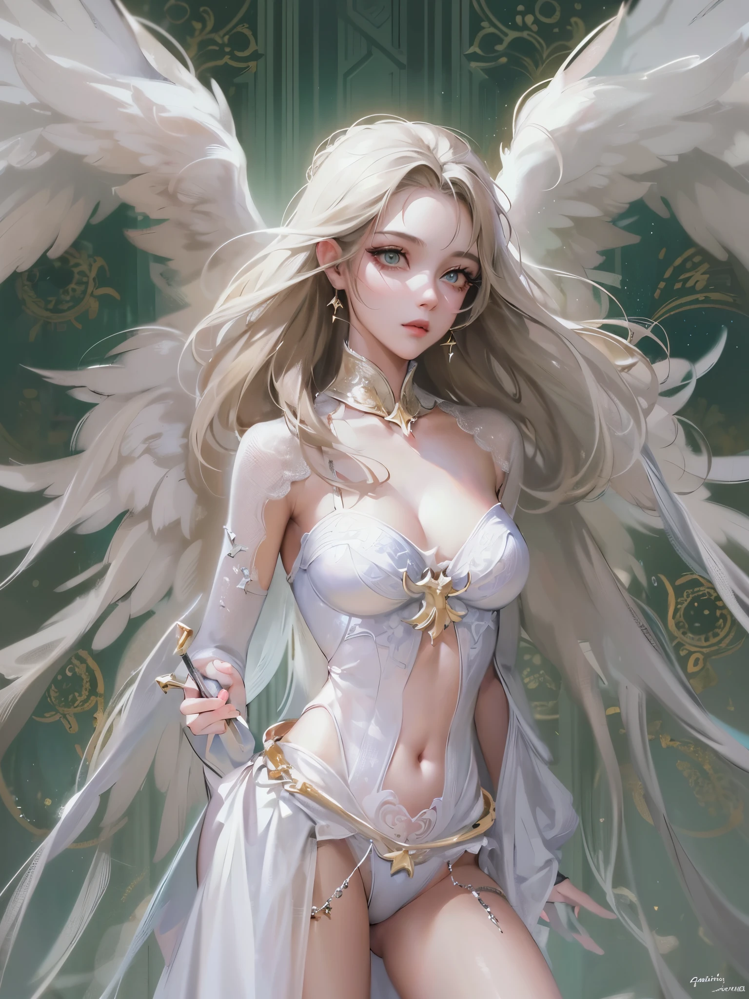 ((highest quality)),(ultra high resolution),(Super detailed),(detailed description),((best CG)),(best work of art),super precision art,great drawing art,(Fantasy art with precise details:1.5), (1 Female Angel:1.6),destroy:1.5,beautiful and well-shaped face:1.6,Expressionless:1.4,long hair flying up:1.5,belly button:1.4,Pure white clothes:1.7,Angel's wing:1.5,dynamic pose:1.6,