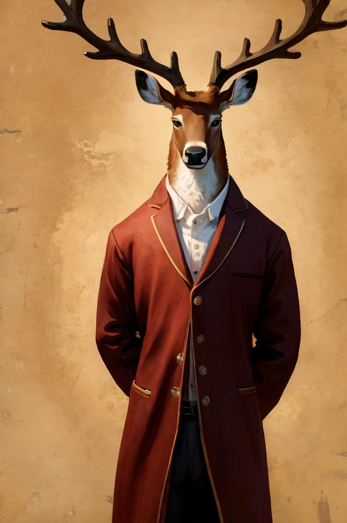 A furry anthro Deer standing solo, naked with hands behind his back. He has a large thick exposed penis. The artwork is high-quality (best quality, 4k, ultra-detailed) with a plain background and front view. The Deer is depicted in a realistic and photorealistic style with vivid colors and sharp focus. The lighting is professionally done, creating a visually stunning image. The medium used is digital illustration, ensuring a high level of precision and detail. This artwork is inspired by the artist bebebebebe and reflects their unique artistic style.